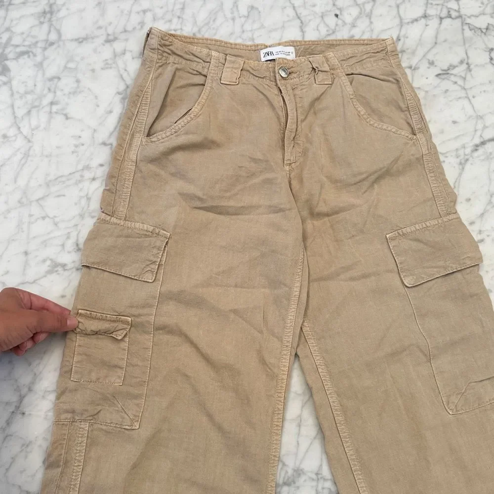 Y2K Zara Linen Blend Tan Cargo Wide Leg Pants Sz 4 Small